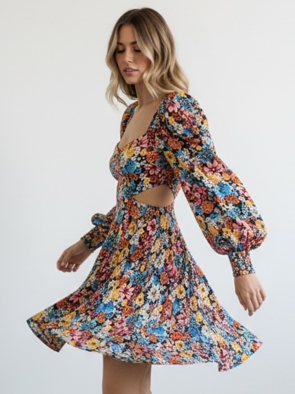 REVOLVE Floral Puff-Sleeve Mini Dress in Blue, Yellow & Pink - Picture 2 of 5